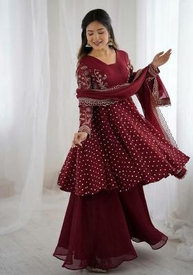 Maroon Embroidery Blended Kurta Set