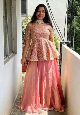 Pink Embroidery Blended Kurta Set