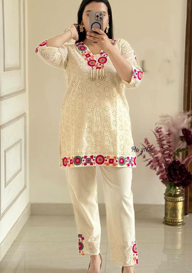 White Embroidery Blended Kurta Set - Indya