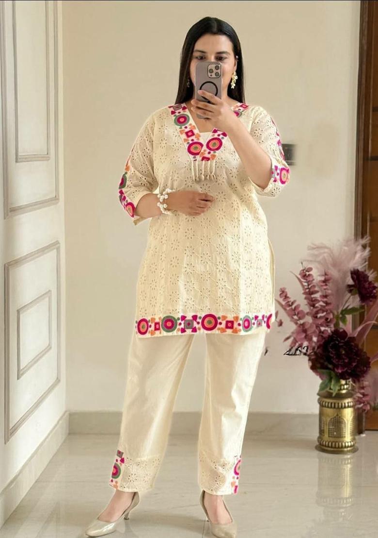 White Embroidery Blended Kurta Set - Indya