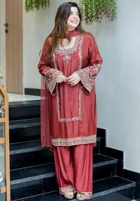 Red Embroidery Blended Kurta Set