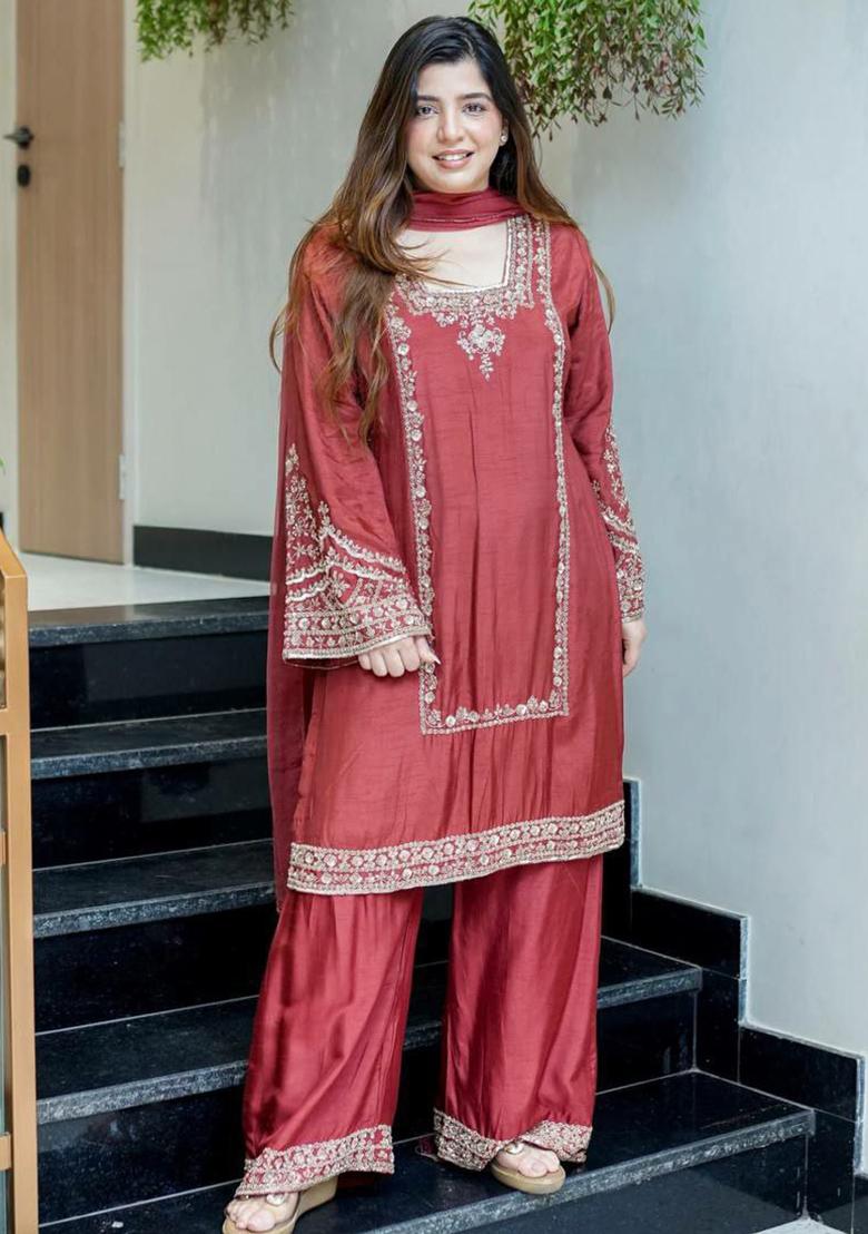 Red Embroidery Blended Kurta Set - Indya