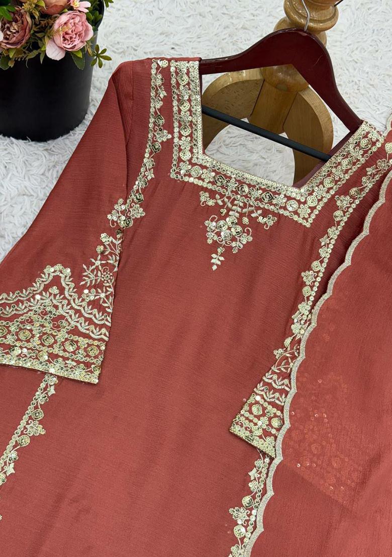 Red Embroidery Blended Kurta Set - Indya