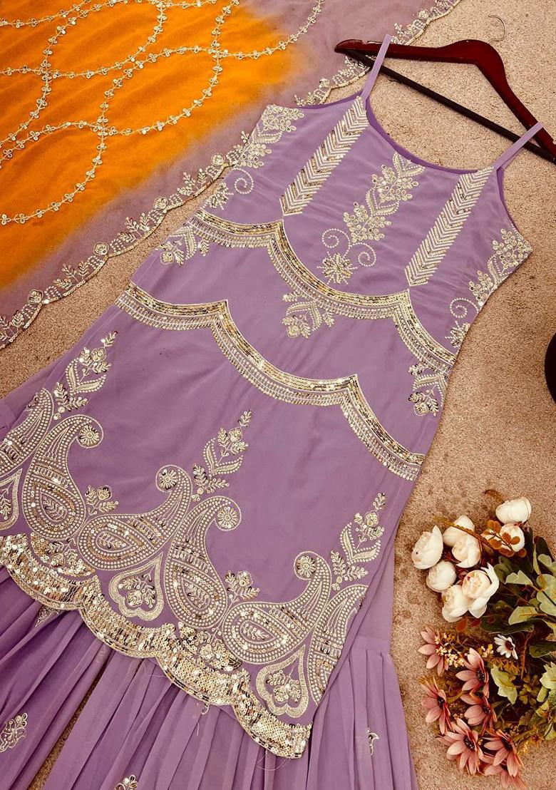 Lavender Embroidery Blended Kurta Set - Indya