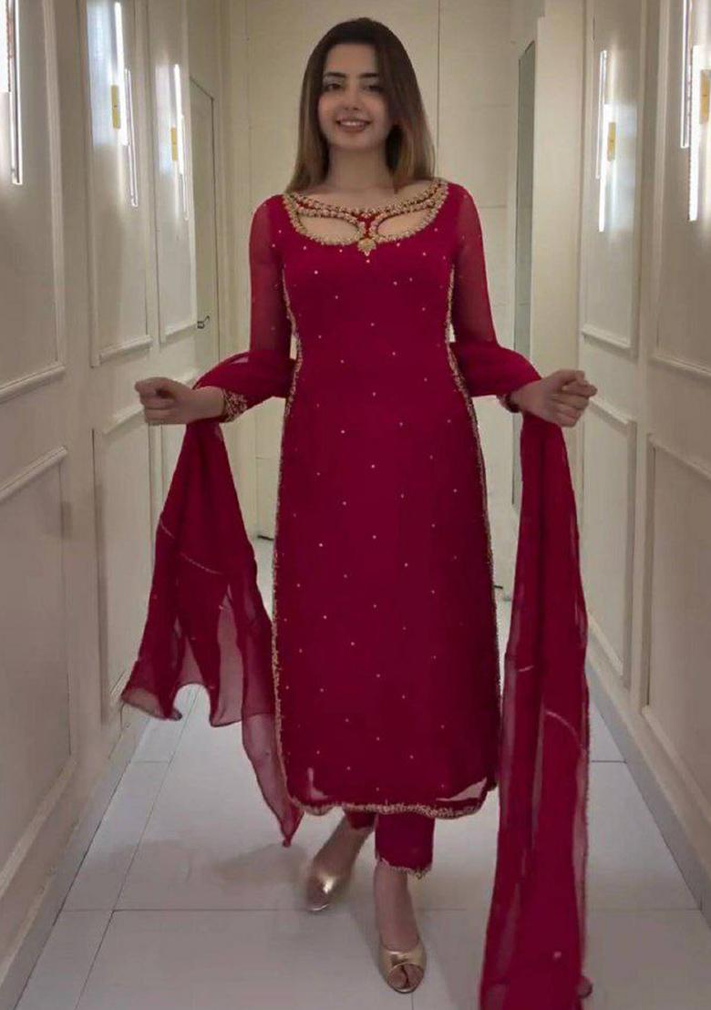 Red Solid Blended Kurta Set - Indya