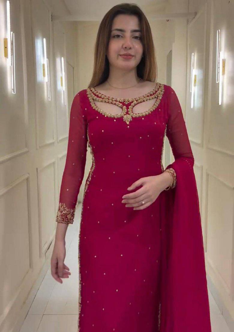 Red Solid Blended Kurta Set - Indya