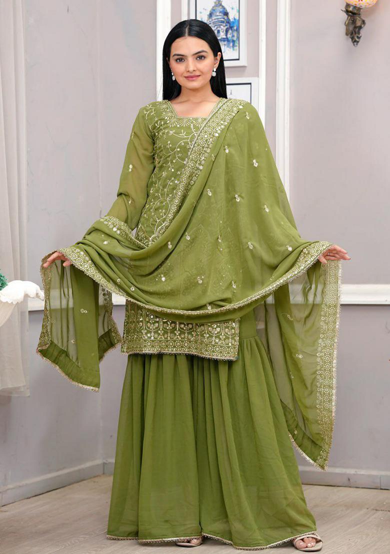 Green Embroidery Blended Kurta Set - Indya