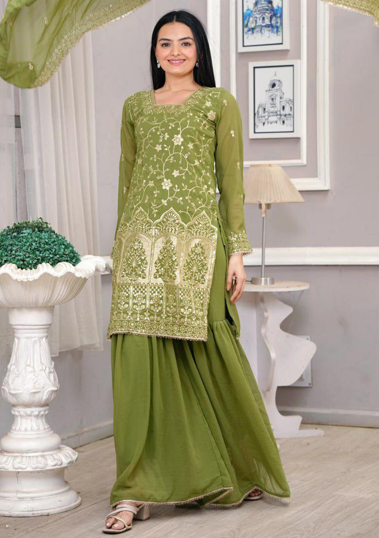 Green Embroidery Blended Kurta Set - Indya