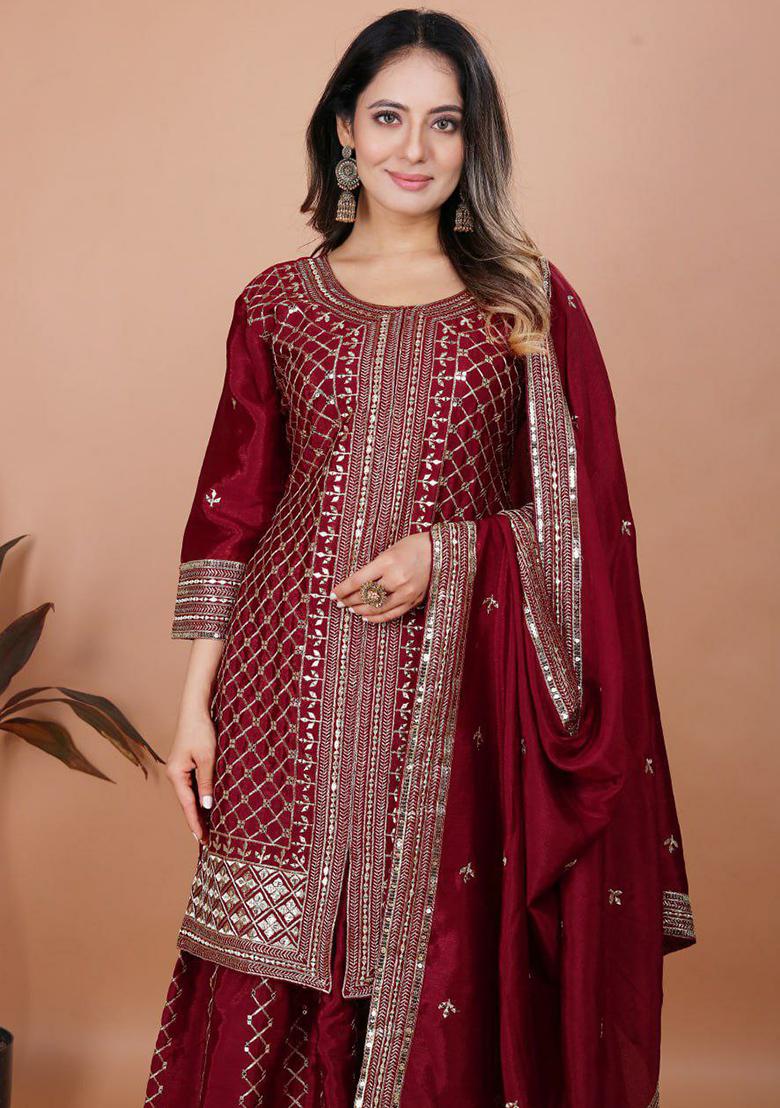 Red Embroidery Blended Kurta Set - Indya