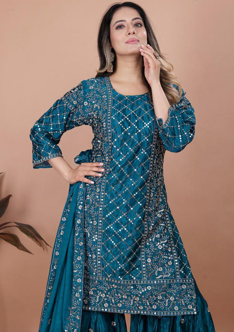 Blue Embroidery Blended Kurta Set - Indya