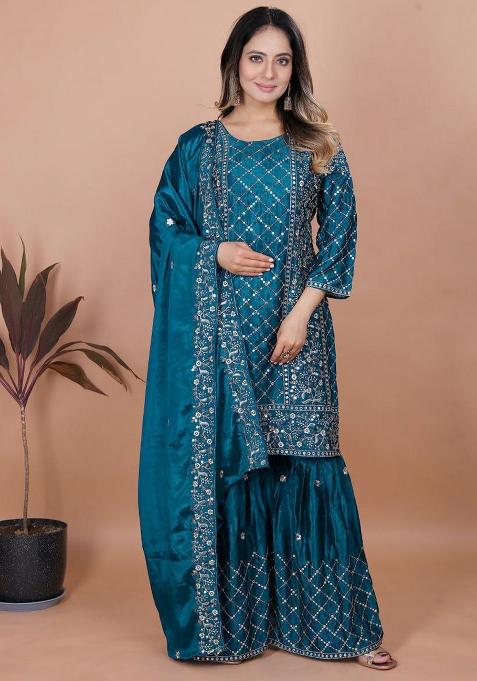 Blue Embroidery Blended Kurta Set
