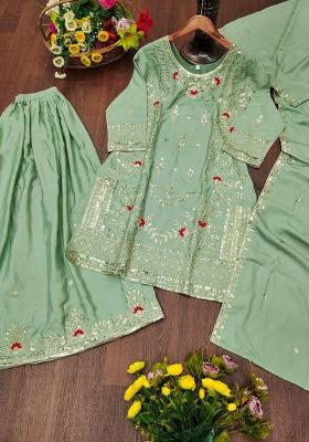Green Embroidery Blended Kurta Set