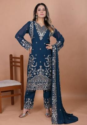 Blue Embroidery Blended Kurta Set