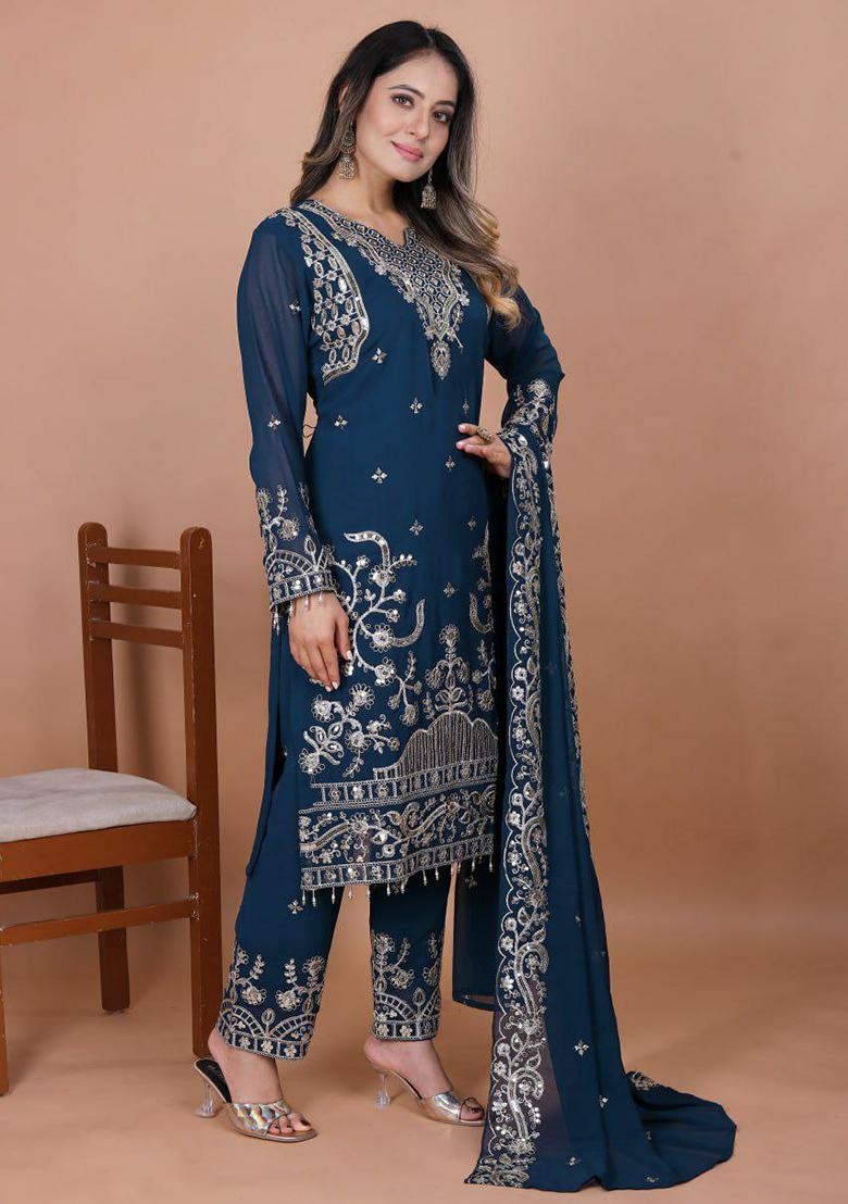 Blue Embroidery Blended Kurta Set - Indya