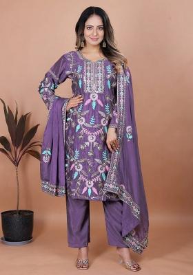 Purple Embroidery Blended Kurta Set