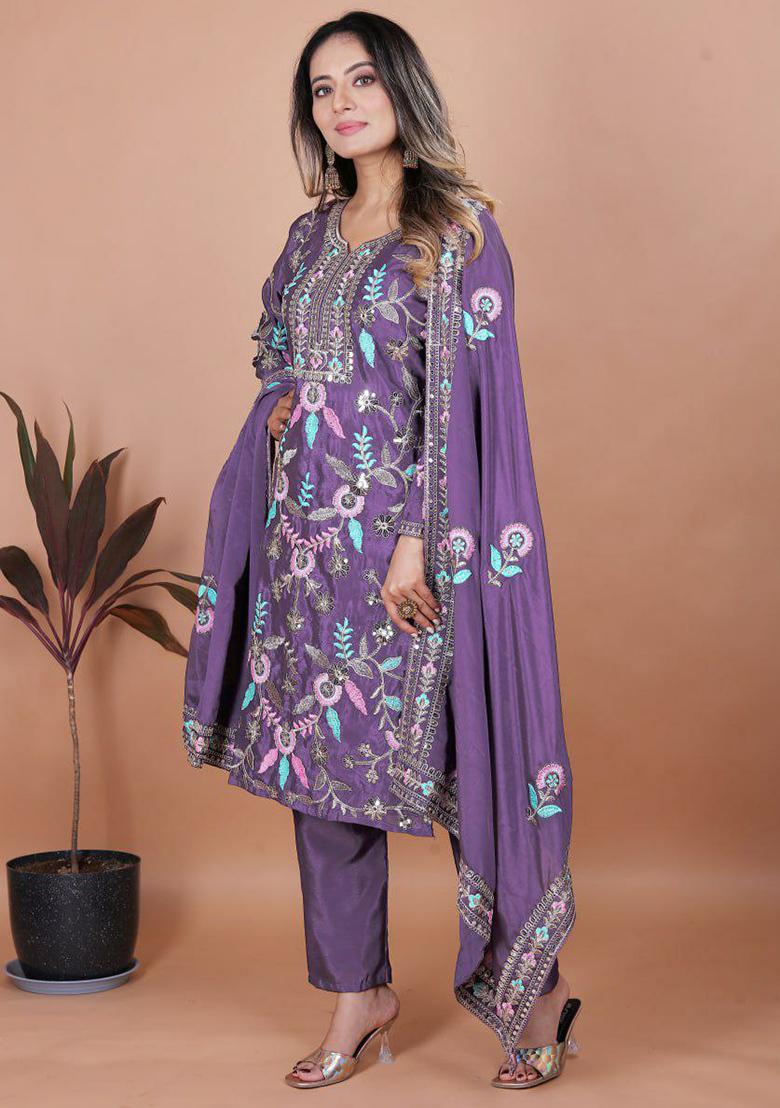 Purple Embroidery Blended Kurta Set - Indya