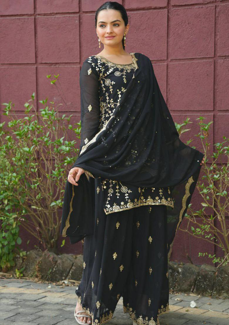 Black Embroidery Blended Kurta Set - Indya