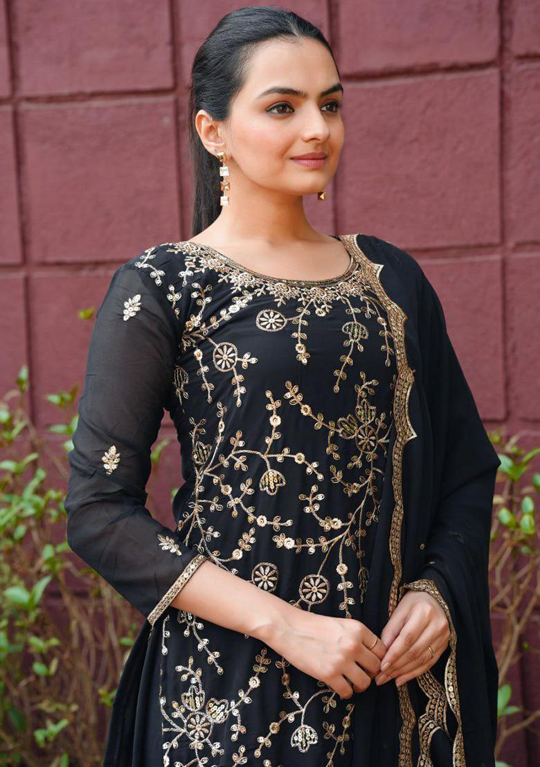 Black Embroidery Blended Kurta Set - Indya