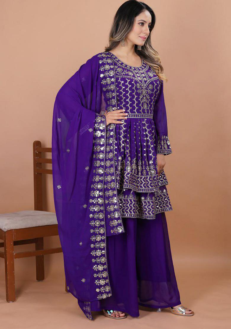 Purple Embroidery Blended Kurta Set - Indya