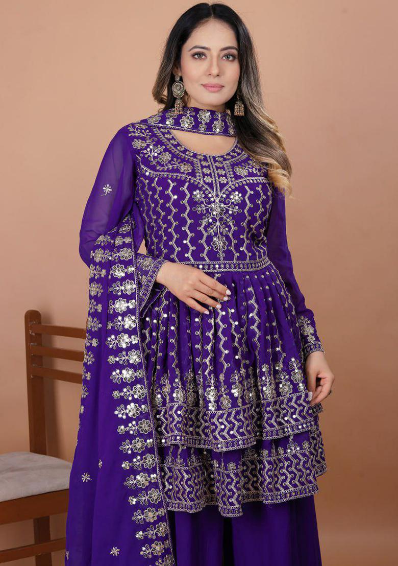 Purple Embroidery Blended Kurta Set - Indya