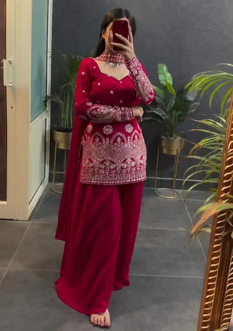 Red Embroidery Blended Kurta Set - Indya