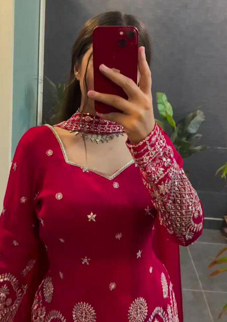 Red Embroidery Blended Kurta Set - Indya