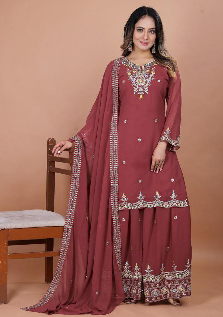 Brown Embroidery Blended Kurta Set - Indya