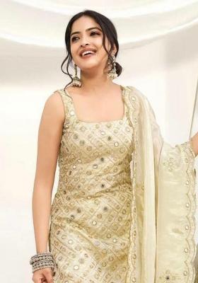 Off White Embroidery Blended Kurta Set