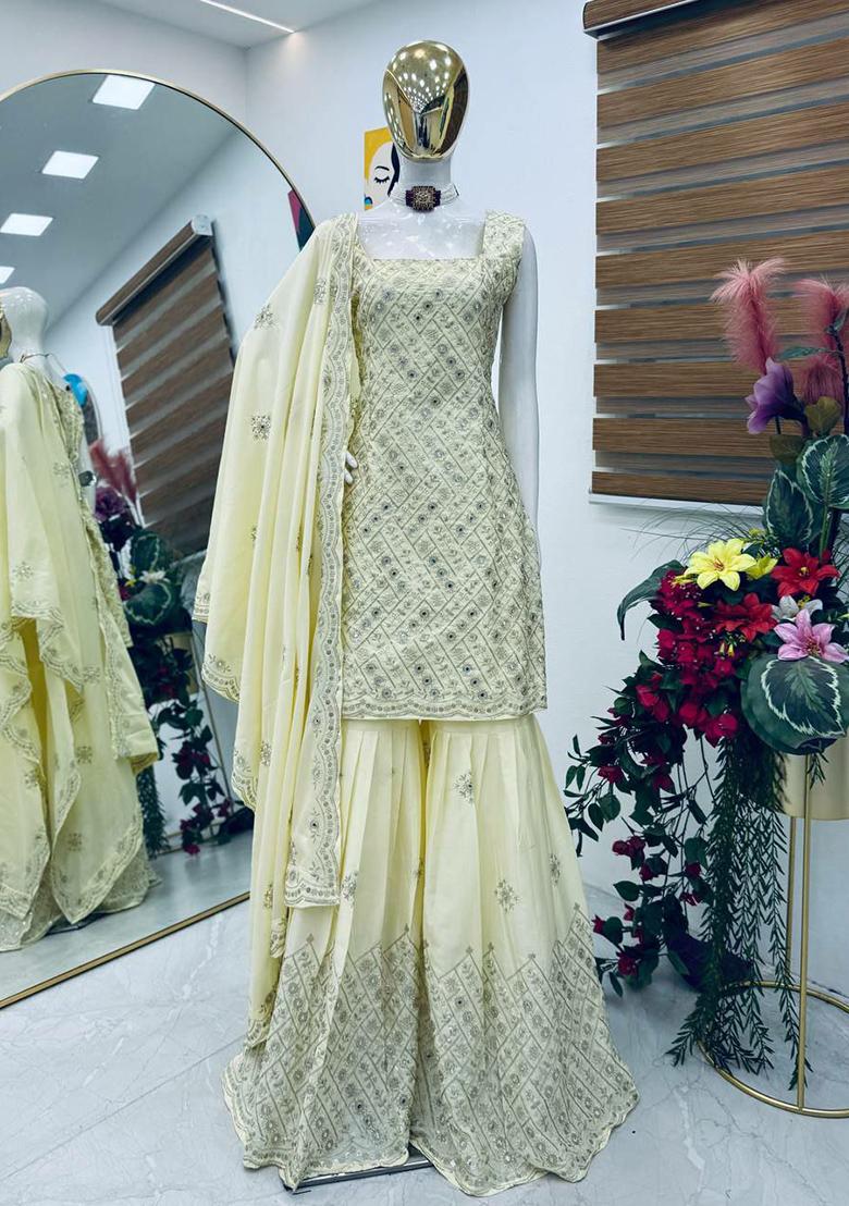 Off White Embroidery Blended Kurta Set - Indya