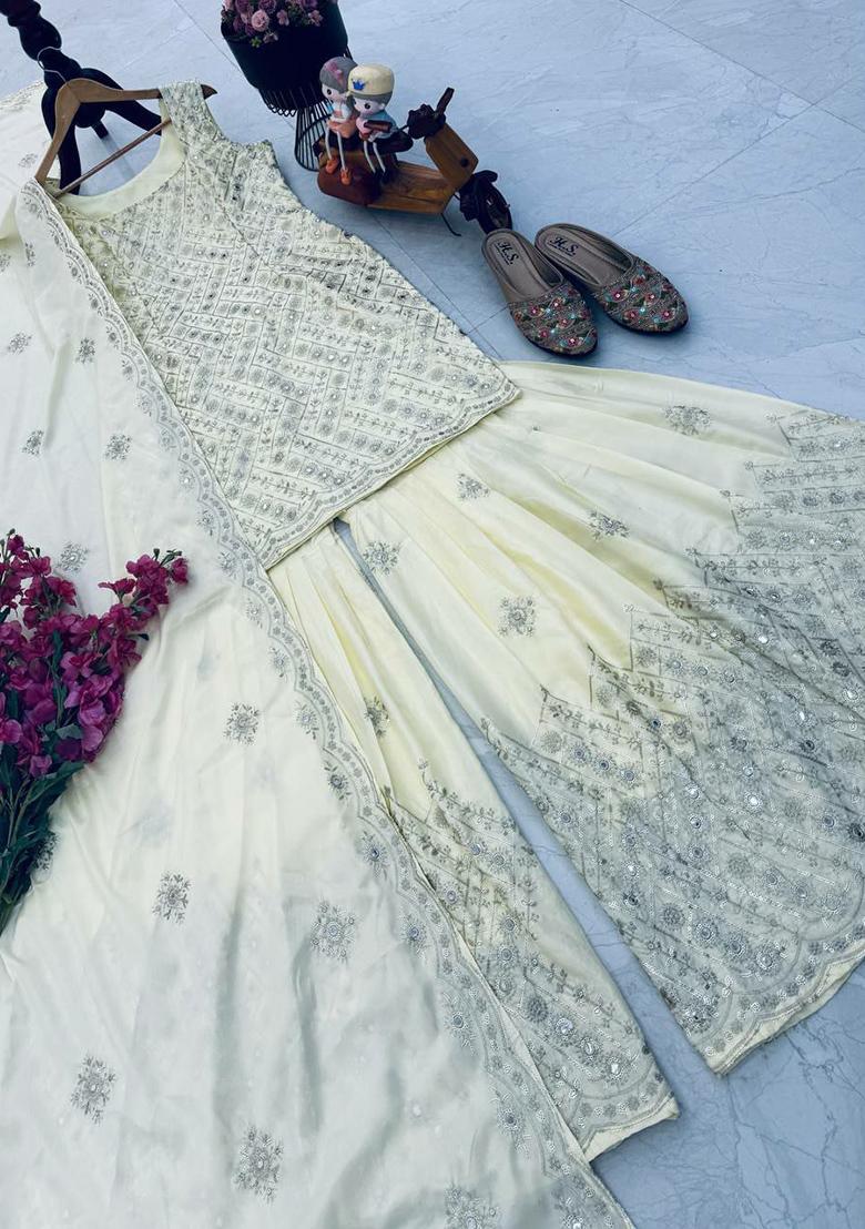 Off White Embroidery Blended Kurta Set - Indya