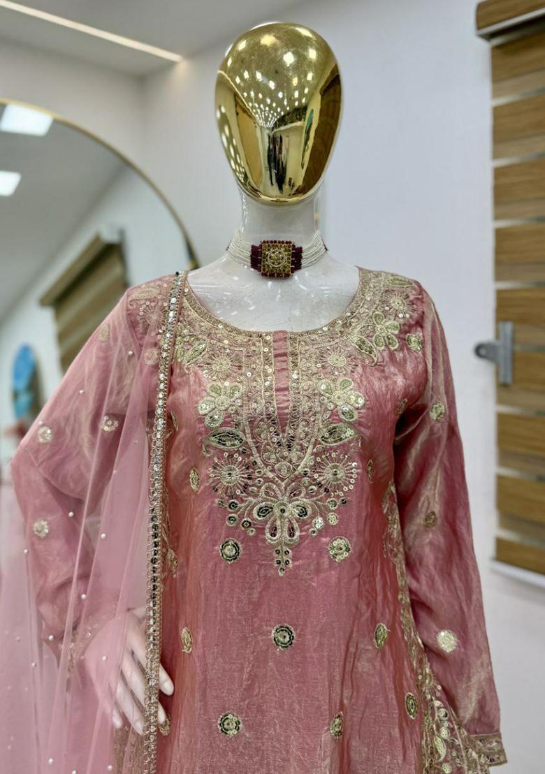 Pink Embroidery Blended Kurta Set - Indya