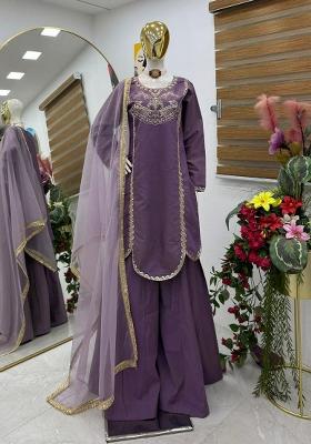 Lavender Embroidery Blended Kurta Set