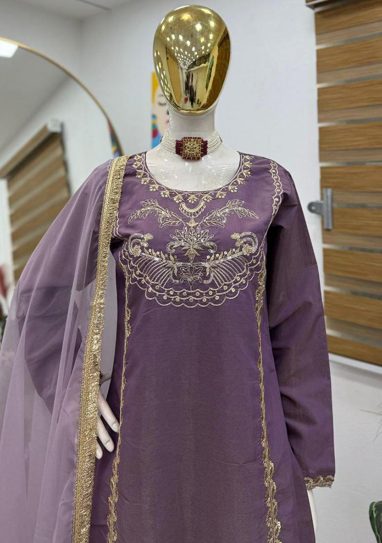 Lavender Embroidery Blended Kurta Set - Indya