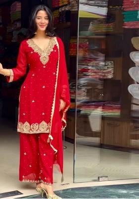 Red Embroidery Blended Kurta Set