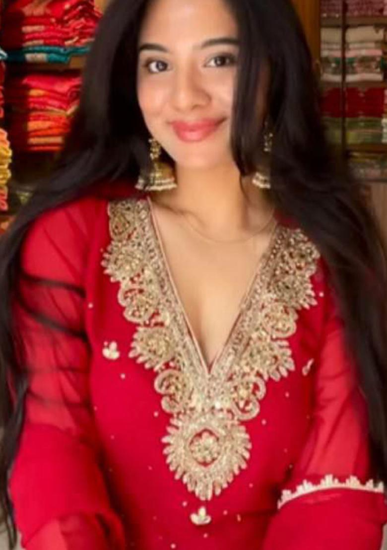 Red Embroidery Blended Kurta Set - Indya