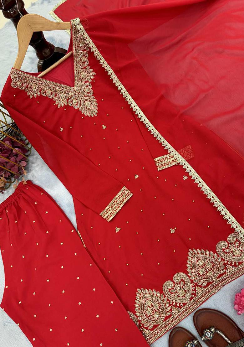 Red Embroidery Blended Kurta Set - Indya