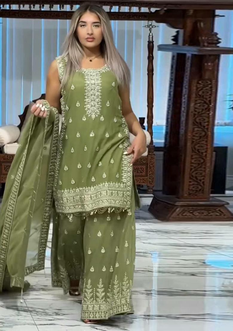 Green Embroidery Blended Kurta Set - Indya