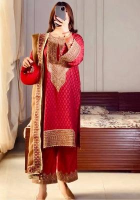 Red Embroidery Blended Kurta Set
