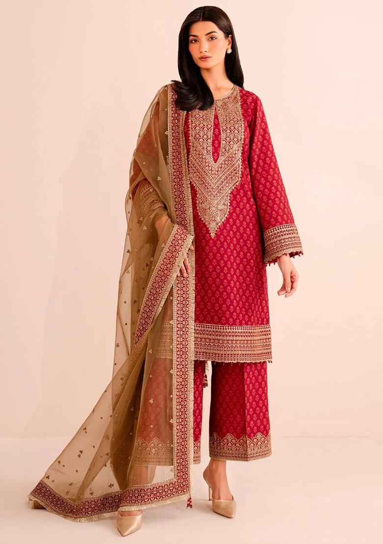 Red Embroidery Blended Kurta Set - Indya