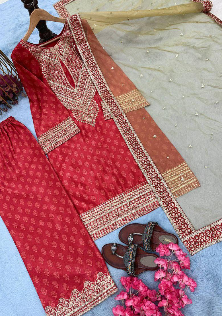 Red Embroidery Blended Kurta Set - Indya