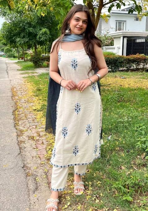 Off White Embroidery Blended Kurta Set