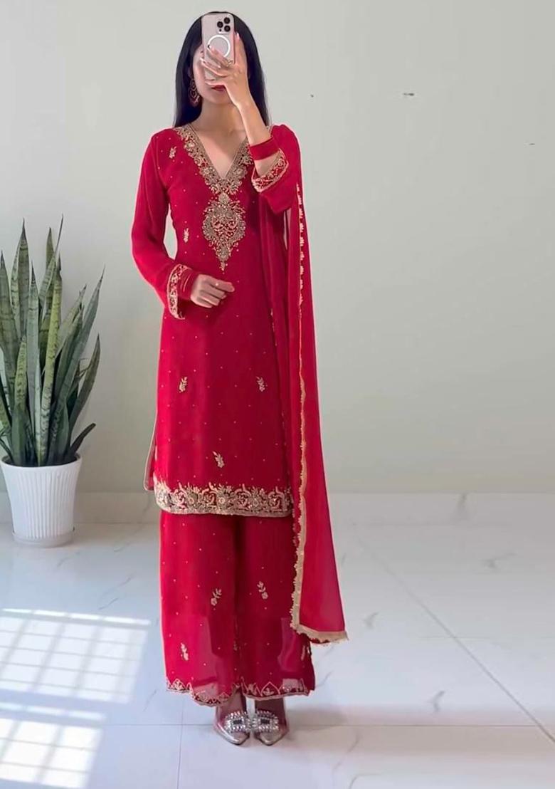 Red Embroidery Blended Kurta Set - Indya