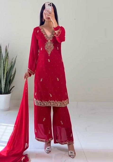 Red Embroidery Blended Kurta Set