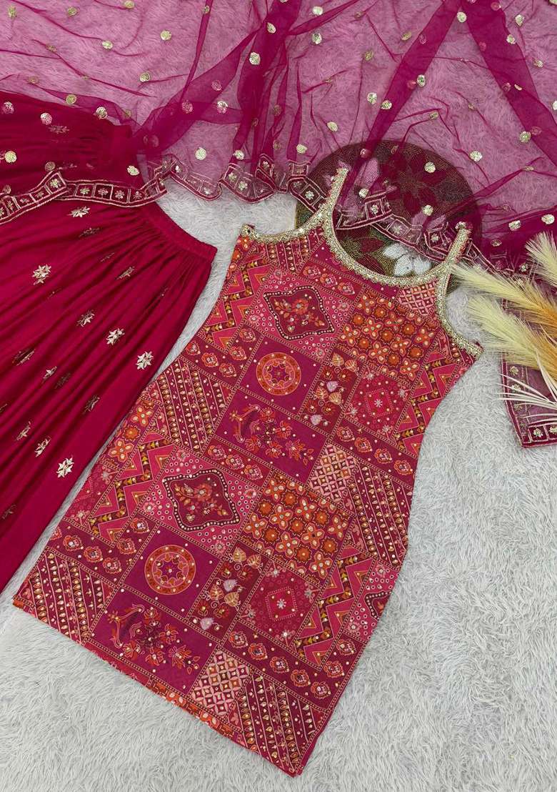 Red Bandhani Blended Sharara Set - Indya