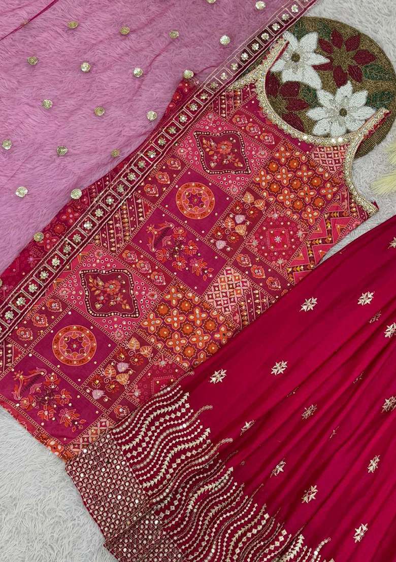 Red Bandhani Blended Sharara Set - Indya