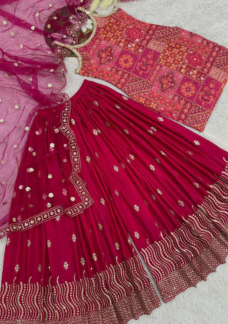 Red Embroidery Blended Kurta Set - Indya