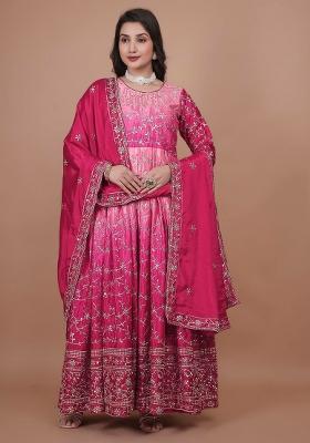 Pink Embroidery Blended Kurta Set