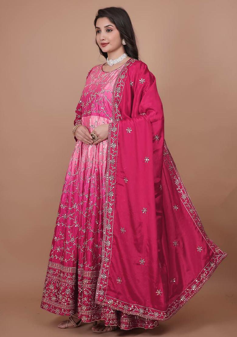 Pink Embroidery Blended Kurta Set - Indya