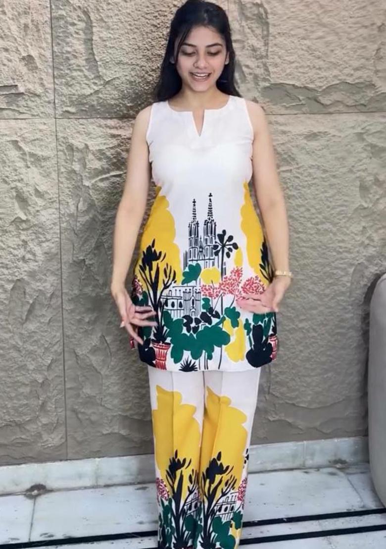 Peach Printed Blended Kurta Set - Indya