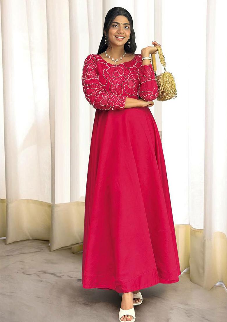 Red Embroidery Blended Kurta Set - Indya